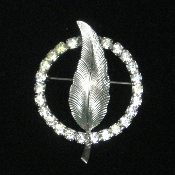 Circle Leaf Ring Brooch Pin Silvertone Vintage Jewelry 2.1 inch Women Rhinestone - Picture 2 of 5